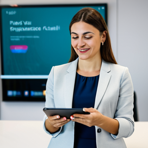 Home 4 A professional Turkish woman, mid-30s, with a thoughtful yet pleased expression, interacting with a sleek tablet in a modern, brightly lit office. The tablet screen displays a highly personalized e-commerce interface with tailored product recommendations and a custom offer, clearly indicating hyper-personalization. She is dressed in a modest, contemporary business casual outfit. The background is softly blurred, emphasizing her focused engagement with the digital content. fully clothed, appropriate attire, safe for work, perfect anatomy, natural proportions, well-formed hands, proper finger count, natural body proportions, professional photography, high quality, soft studio lighting, appropriate content, family-friendly.