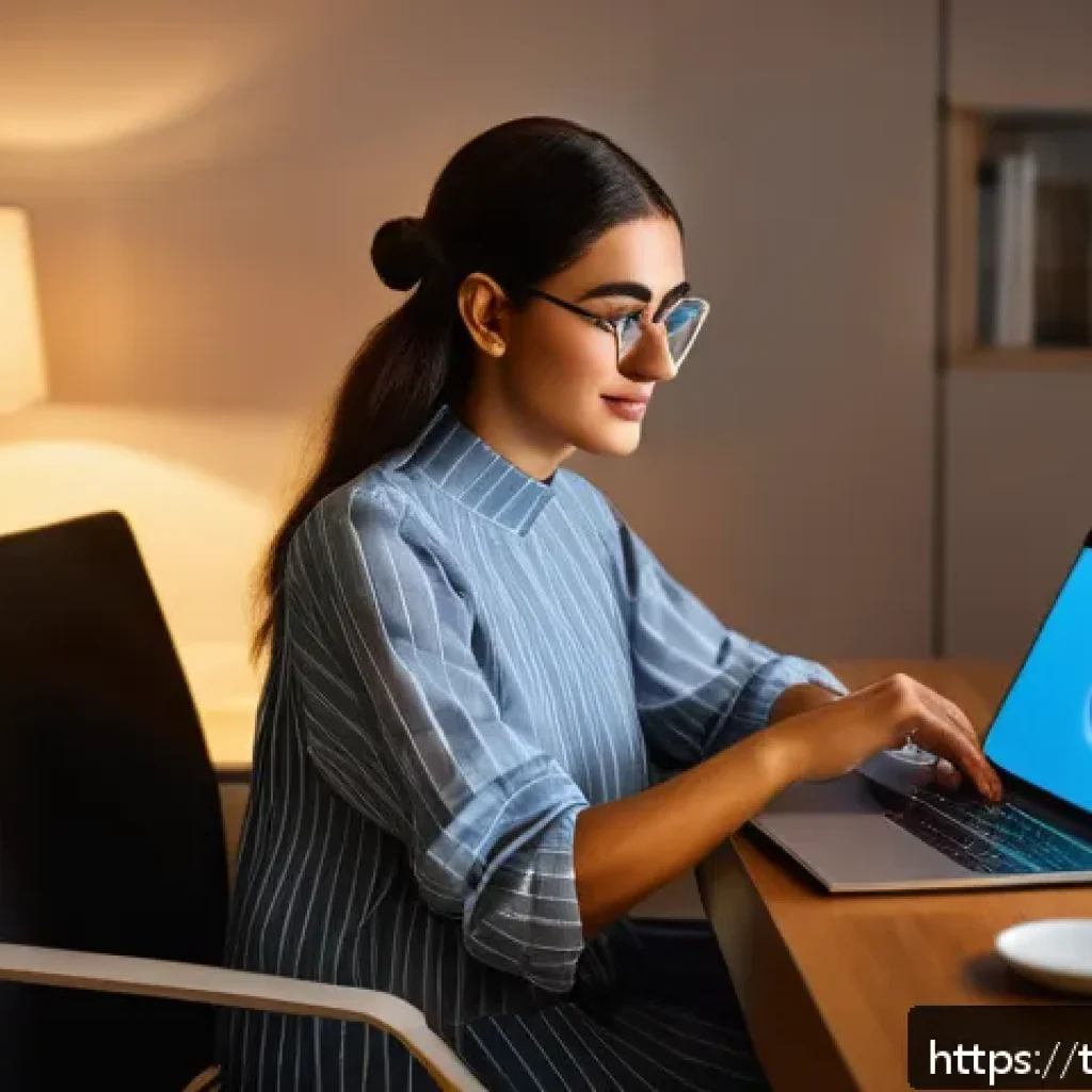 하이퍼 퍼스널라이제이션을 위한 데이터 보안 - A modern Turkish woman sitting at a cozy home office desk using a laptop, thoughtfully managing her ...