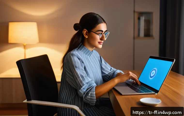 하이퍼 퍼스널라이제이션을 위한 데이터 보안 - A modern Turkish woman sitting at a cozy home office desk using a laptop, thoughtfully managing her ...