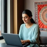 Home 19 하이퍼 퍼스널라이제이션의 성공적인 구현 사례 - A modern Turkish e-commerce scene showing a young adult woman shopping online using a sleek laptop i...