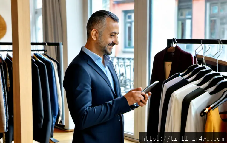 Home 17 하이퍼 퍼스널라이제이션과 고객 맞춤형 서비스 - Photorealistic modern boutique in Istanbul, a friendly Turkish sales associate using a tablet to rec...